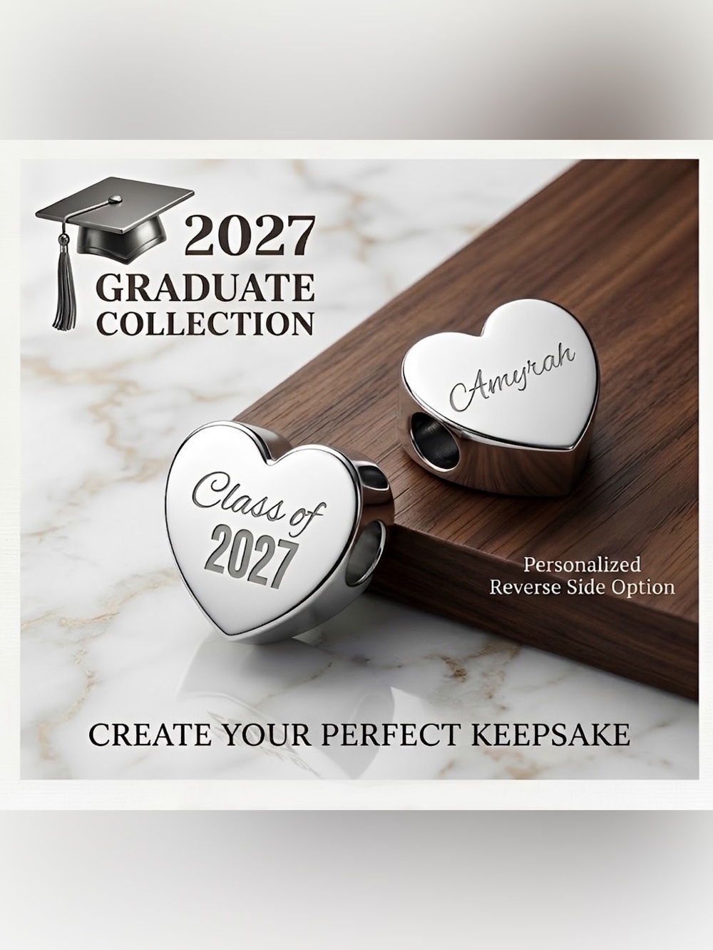 Personalized Class of 2027 Graduation and Name Heart Bracelet Charm